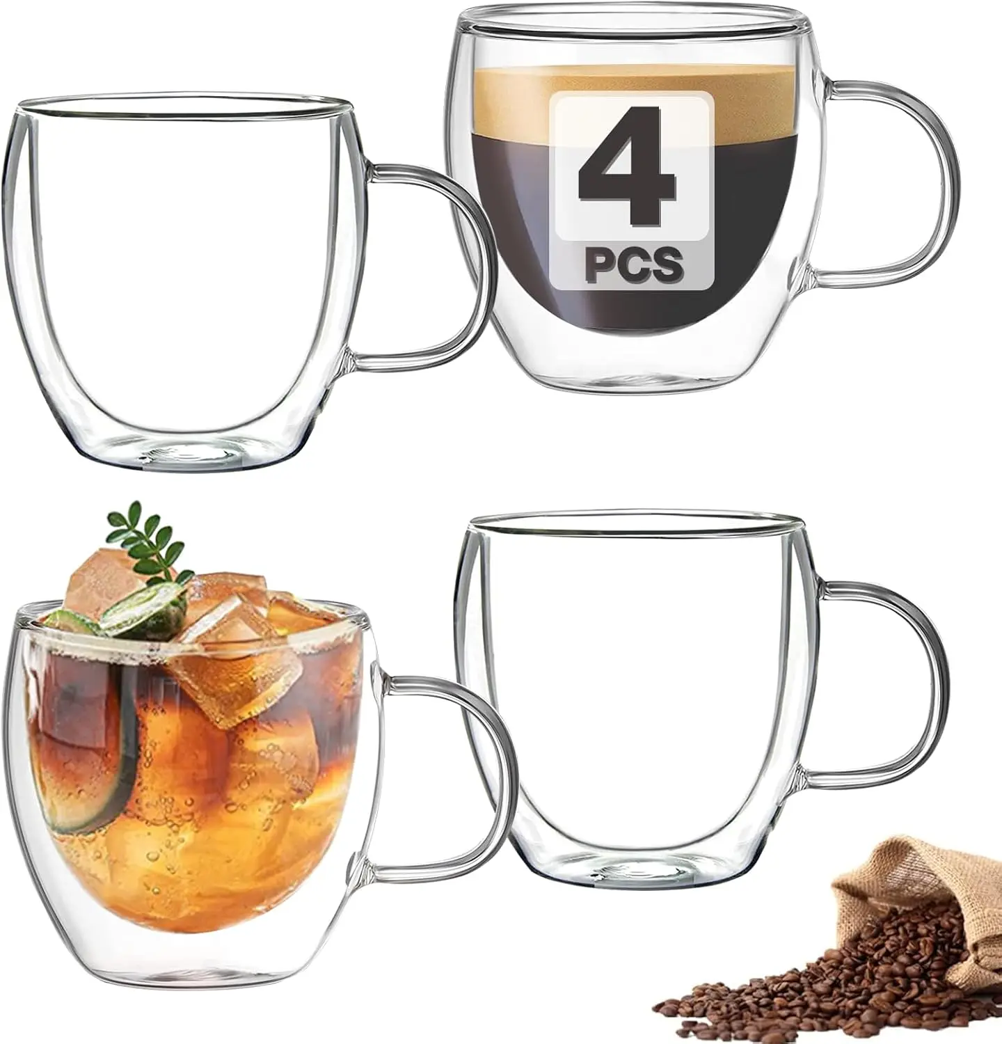 Conjunto de xícaras de café expresso com isolamento de parede dupla de 4 - 5 onças de vidro transparente com alça para café expresso, café com leite e cappuccino