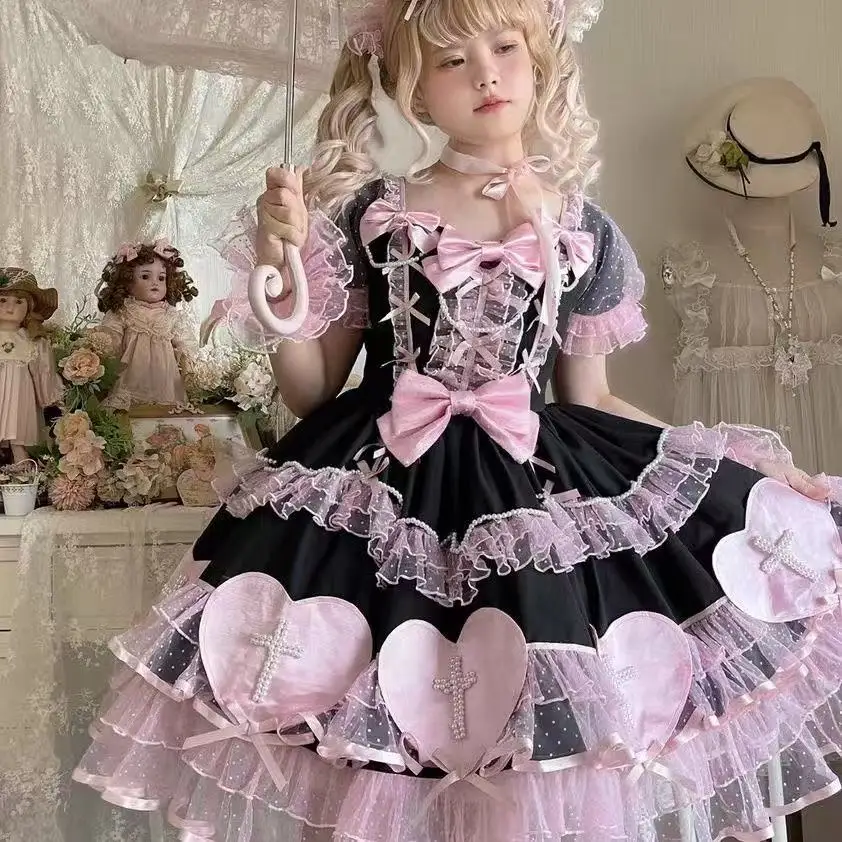 

European Style Short Sleeves Lolita Girls Cross Elemetns Lace Edge Antique Skirt Carnival Event Comics Cosplay Costume Women COS