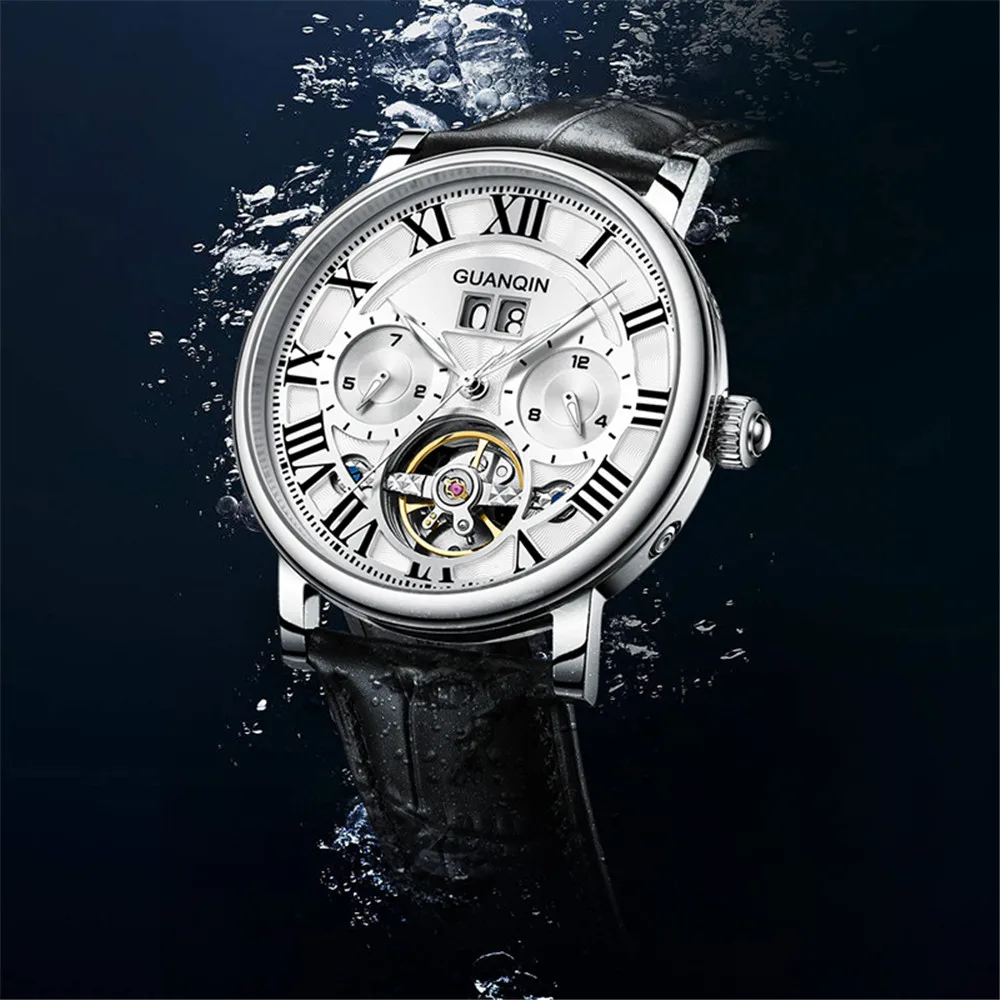 GUANQIN Luminous Leather Mechanical Wrist Watch Sapphire Crystal Military Men Tourbillon Watches Waterproof Automatic Wristwatch