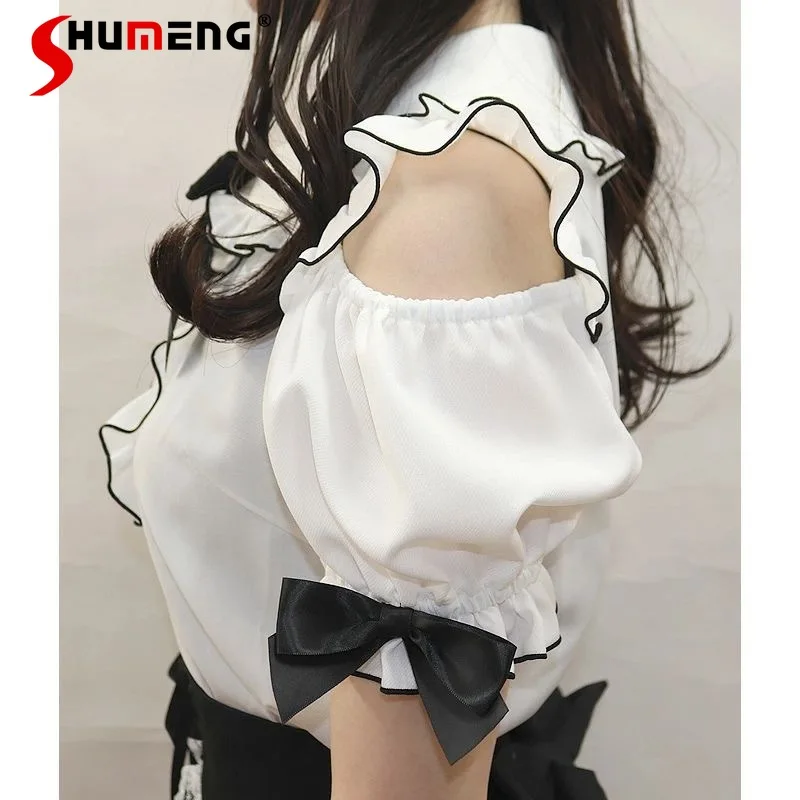 Japanese Mine Sweet Short Sleeve Ruffles Shirt Summer New Lolita Cute Mass-Produced Pink White Off-Shoulder Top Blouse for Women