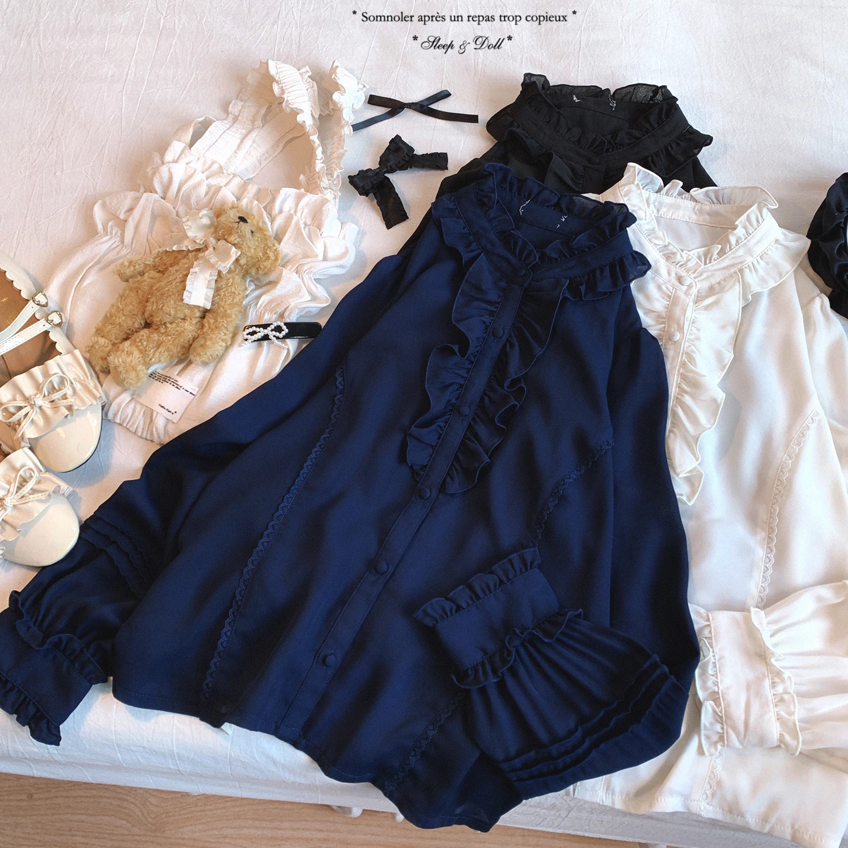 Japanische Elegante Retro Stehkragen Rüschen Spleißen Lange ärmeln einreiher Süße Lose Vielseitige Shirts Tops Frauen Sommer