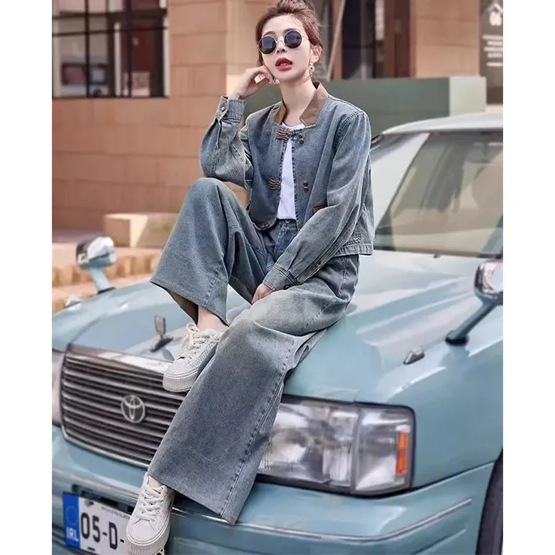 

2025 женские джинсовые брюки с длинными рукавами, 2 предмета, осенние женские широкие джинсы с цветными блоками, женские ковбойские брюки, костюм из двух предметов