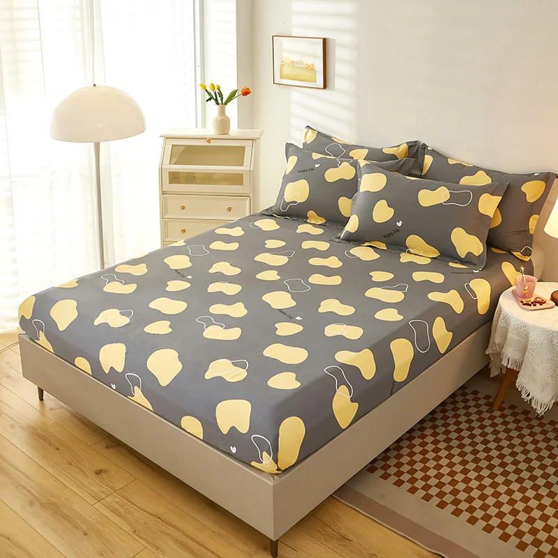 3PCS Geometric Pattern Fitted Sheet Set Cotton Yellow Irregular Abstract Pattern Bed Cover with All-Round Elastic Deep Pocket