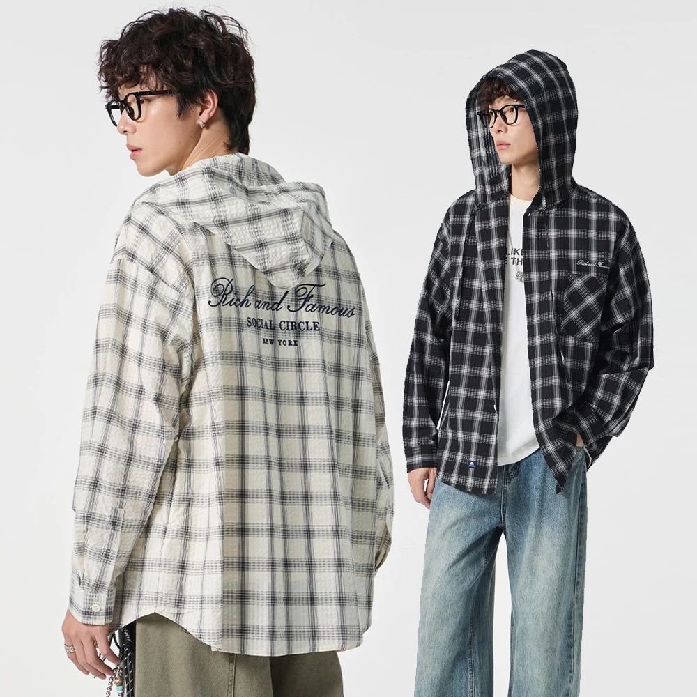 

Unisex Oversize Shirt Men Women Streetwear Fashion Embroidery Plus Size Loose Casual Long Sleeve Plaid Hooded Shirts Cardigan