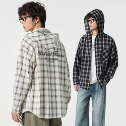Unisex Oversize Shirt Men Women Streetwear Fashion Embroidery Plus Size Loose Casual Long Sleeve Plaid Hooded Shirts Cardigan