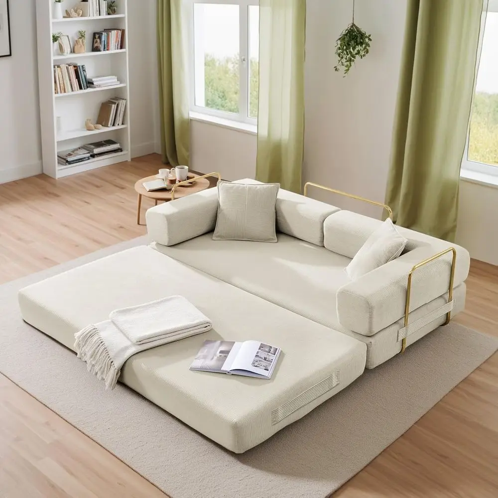 

Convertible Sofa Bed, 3-Seater Corduroy Sleeper Couch with 2 Throw Pillows, King Size, Beige for Living Room or Bedroom