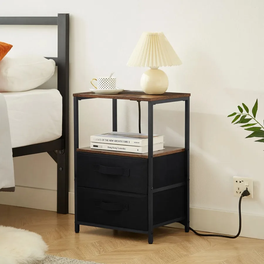 End Table with Charging Station Nightstand with USB Port Outlet and Fabric Bag 2 Drawers and Open Storage Shelf Side Table Sofa