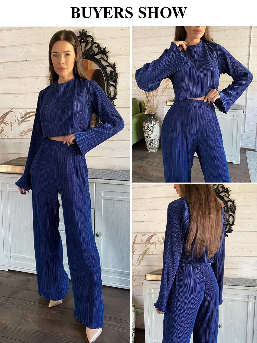 Clacive Fashion Long Sleeve T-Shirts Two Piece Sets Womens Bodycon Blue Pleated Pants Set Streetwear Elegant Wide Trouser Suits