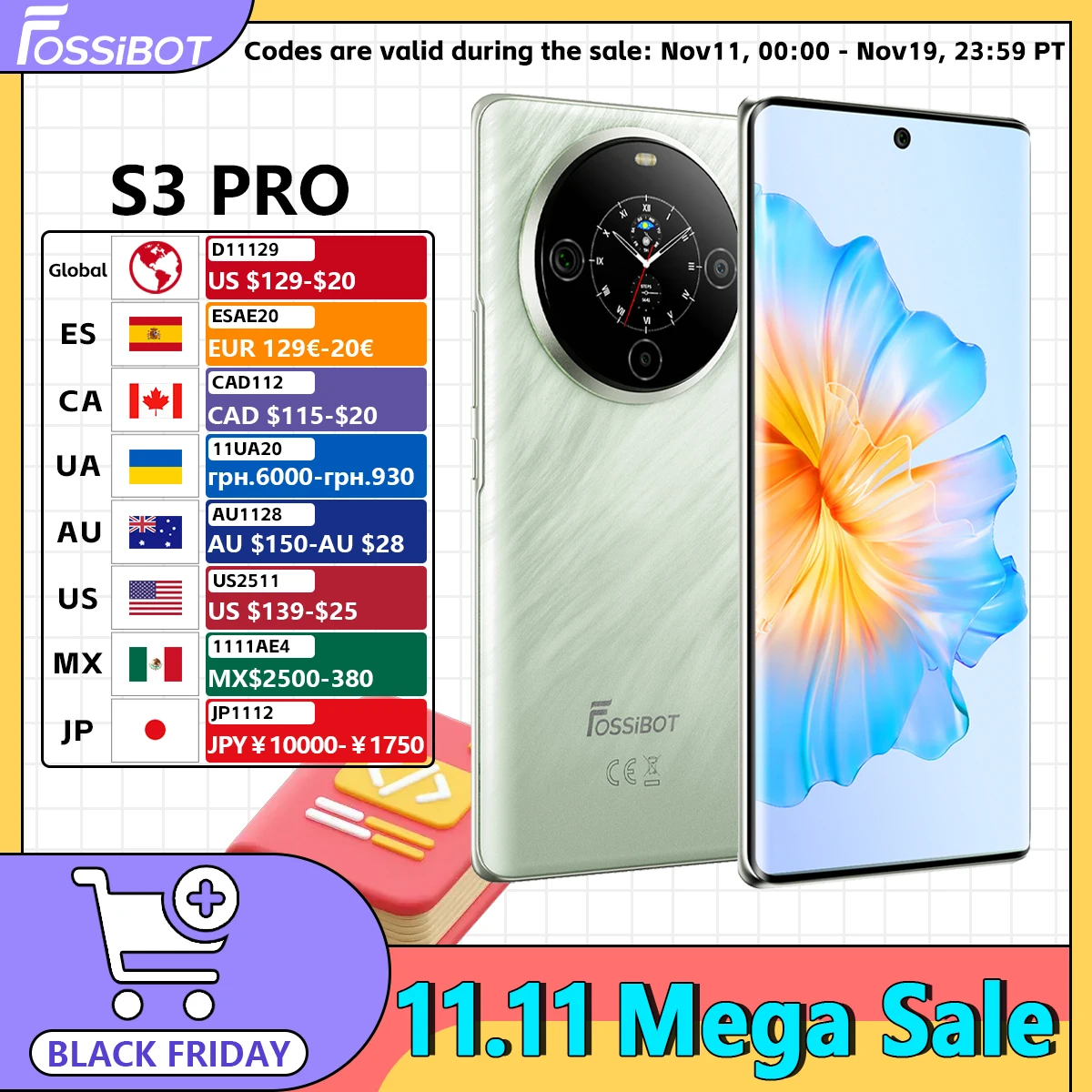 FOSSIBOT S3 PRO Smartphone Android 14 6.67" AMOLED Display 6GB+128GB 5000mAh Battery 64MP Camera NFC Cell Phone