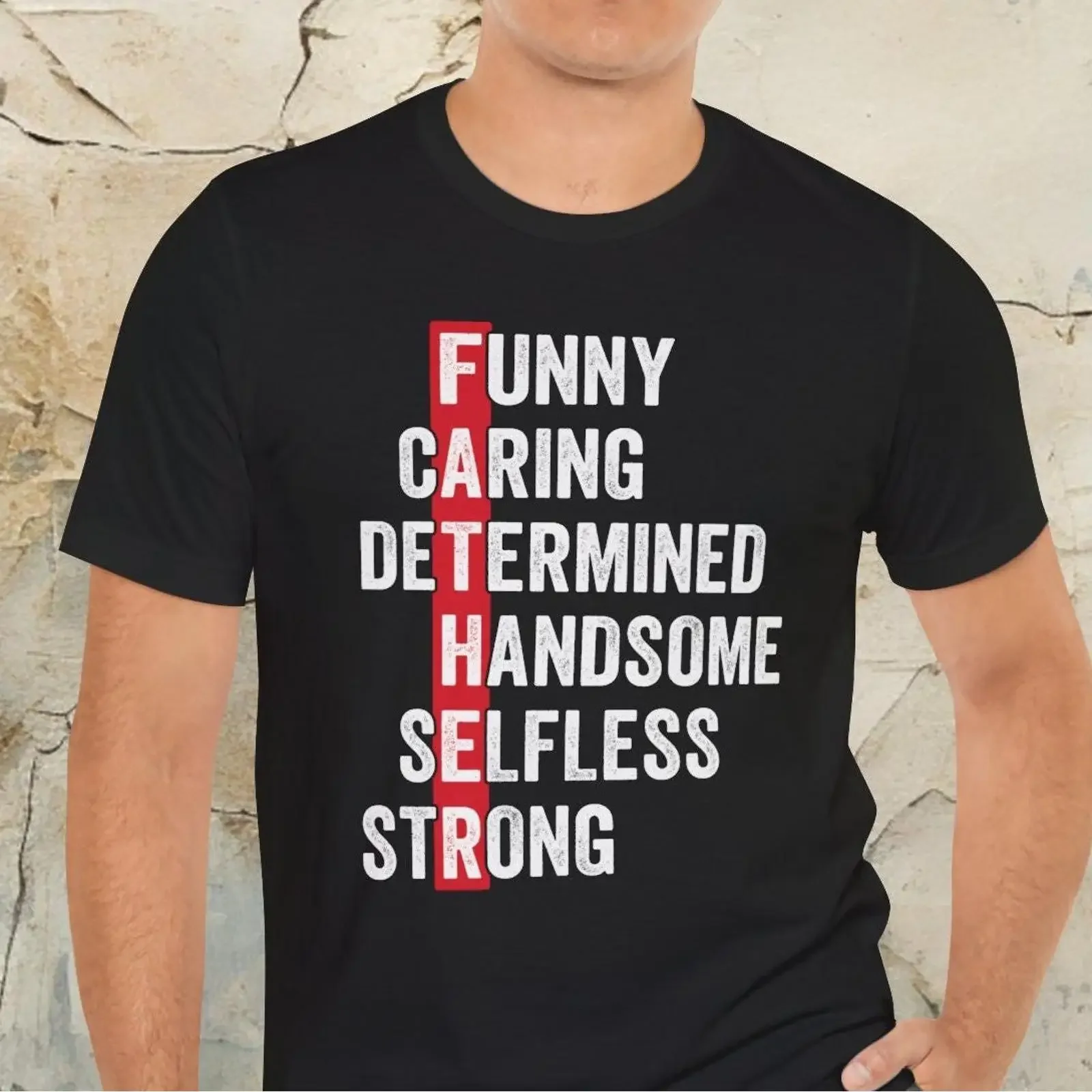 Father's Day Funny Caring Determined Handsome Strong Dad T Shirt for Daddy Husband Casual  vintage Washed Versatile homme