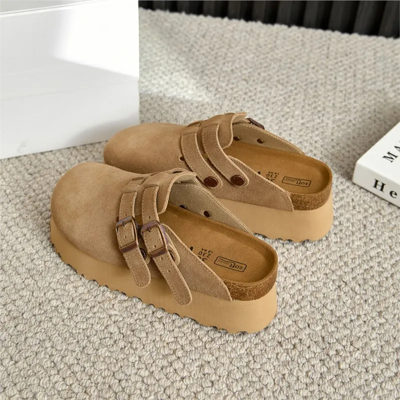 Thick-soled  Women's leather cow suede wrapped half slippers wear Japanese  short people increase by 6CM