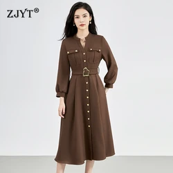 ZJYT High Quality Autumn Elegant Dresses for Women 2024 New Long Sleeve Single Breasted Brief Casual Midi Dress Office Lady Robe