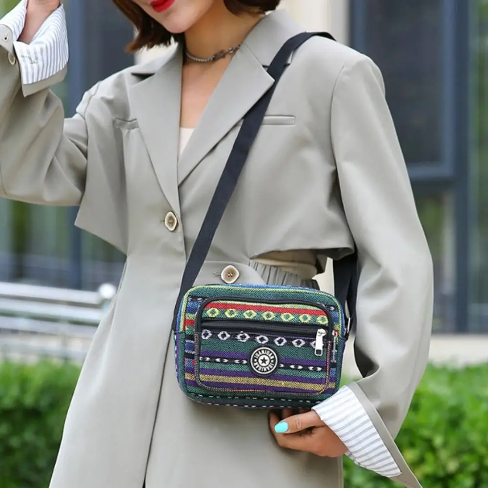 

Large Capacity Bohemian Crossbody Bag Multi-layered Embroidery Stripe Shoulder Bag Colorful Handbag Weave Oxford Bag Girls
