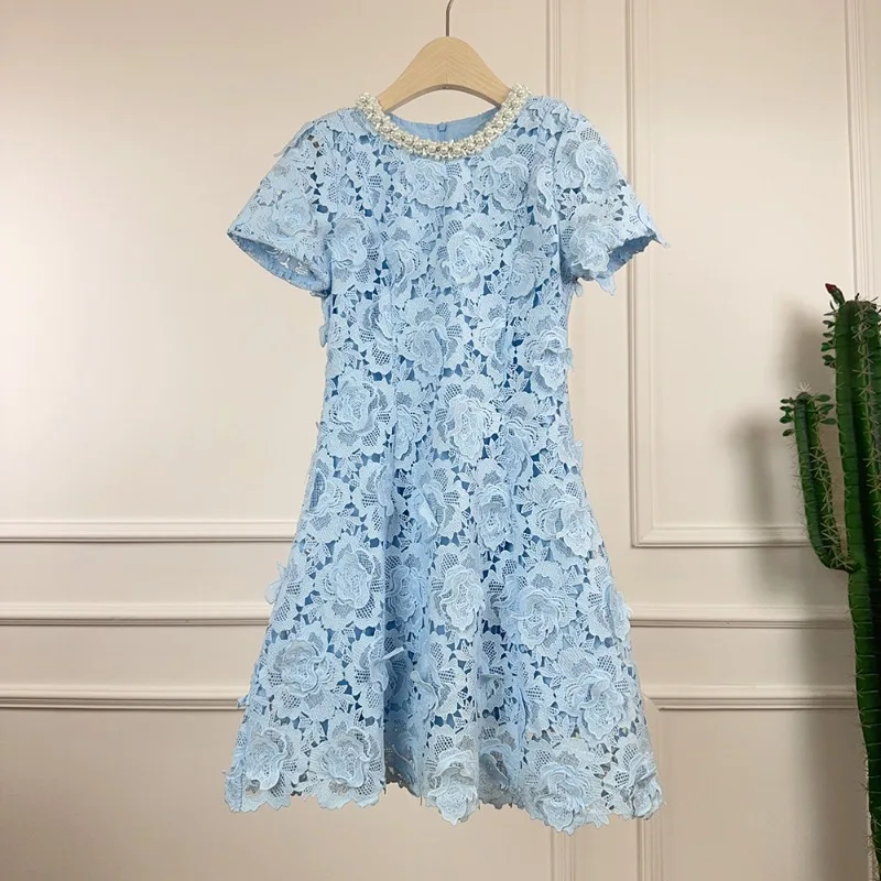 

Spring Summer Small Fragrance Lace Blue White Luxury Dress Women Pearl Diamond-encrusted Fashion Sweet Wedding Party Lady Dress