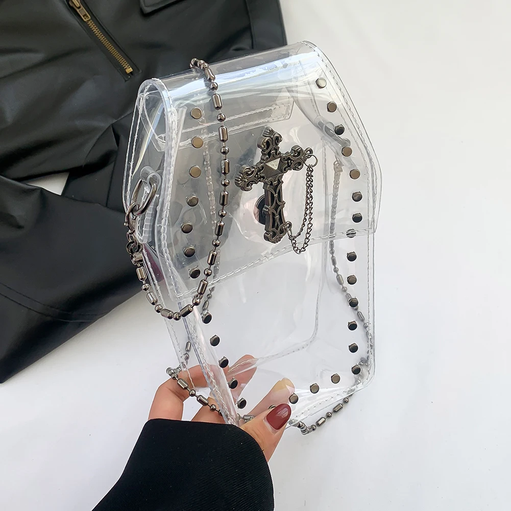 Halloween Coffin Bag Vintage Rivet Women's Shoulder Bag Novelty Jelly Color Stadium Approved Phone Purse PVC Clear Chain Satchel