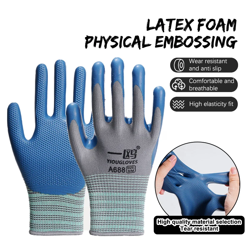 Guantes de trabajo de látex en relieve, protectores de mano de obra elásticos, resistentes al desgaste, para construcción, para el hogar, 1 par