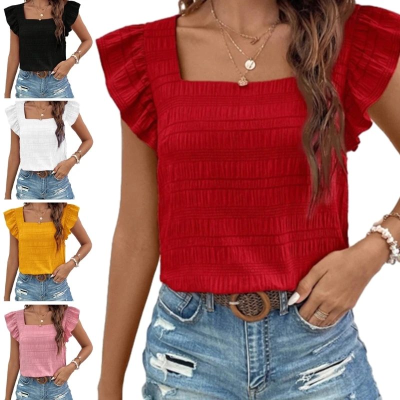 feminina 2024 verão plissado manga curta blusas pescoço quadrado texturizado camisa verão casual topos 066c