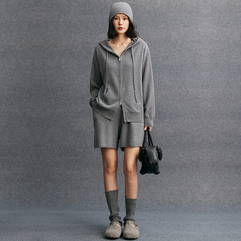 Women Cashmere Sweater Hoodie Shorts Set Thicken Autumn Winter 100% Cashmere Knitwear Raglan Sleeve Casual Basic Cardigan Shorts