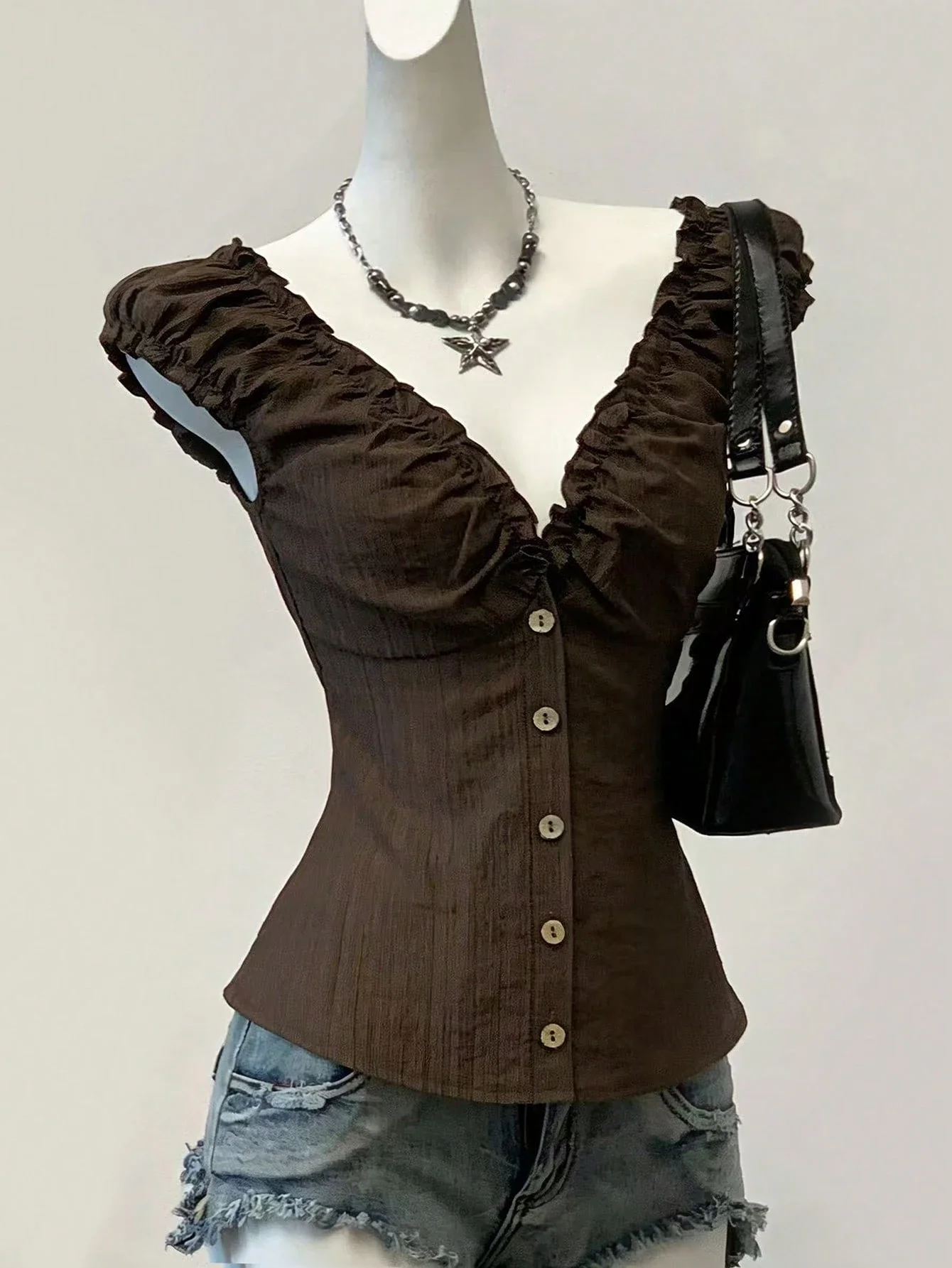

Brown Vertical Stripe Ruffle Petal Sleeve Blouse With Wooden Buttons