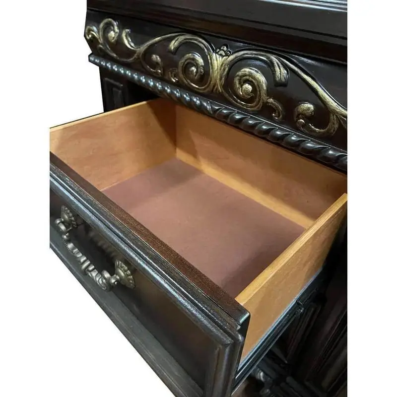 منضدة كلاسيكية ذات درجين، طاولة بجانب السرير منحوتة من الخشب الصلب بلمسة نهائية من الكرز الداكن