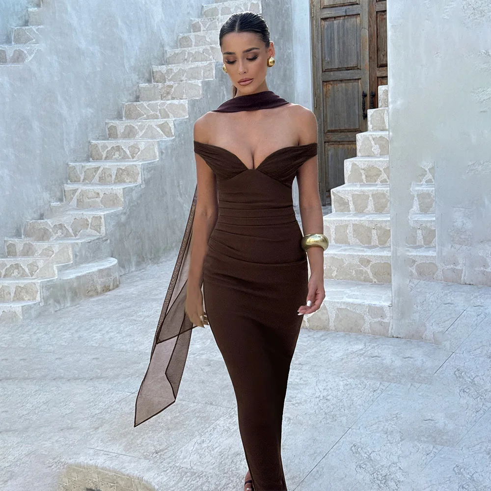 Scarf Collar Off-shoulder Sexy Maxi Dress Women Gown Fashion With Sleeve Strapless Backless Club Party Long Dresses