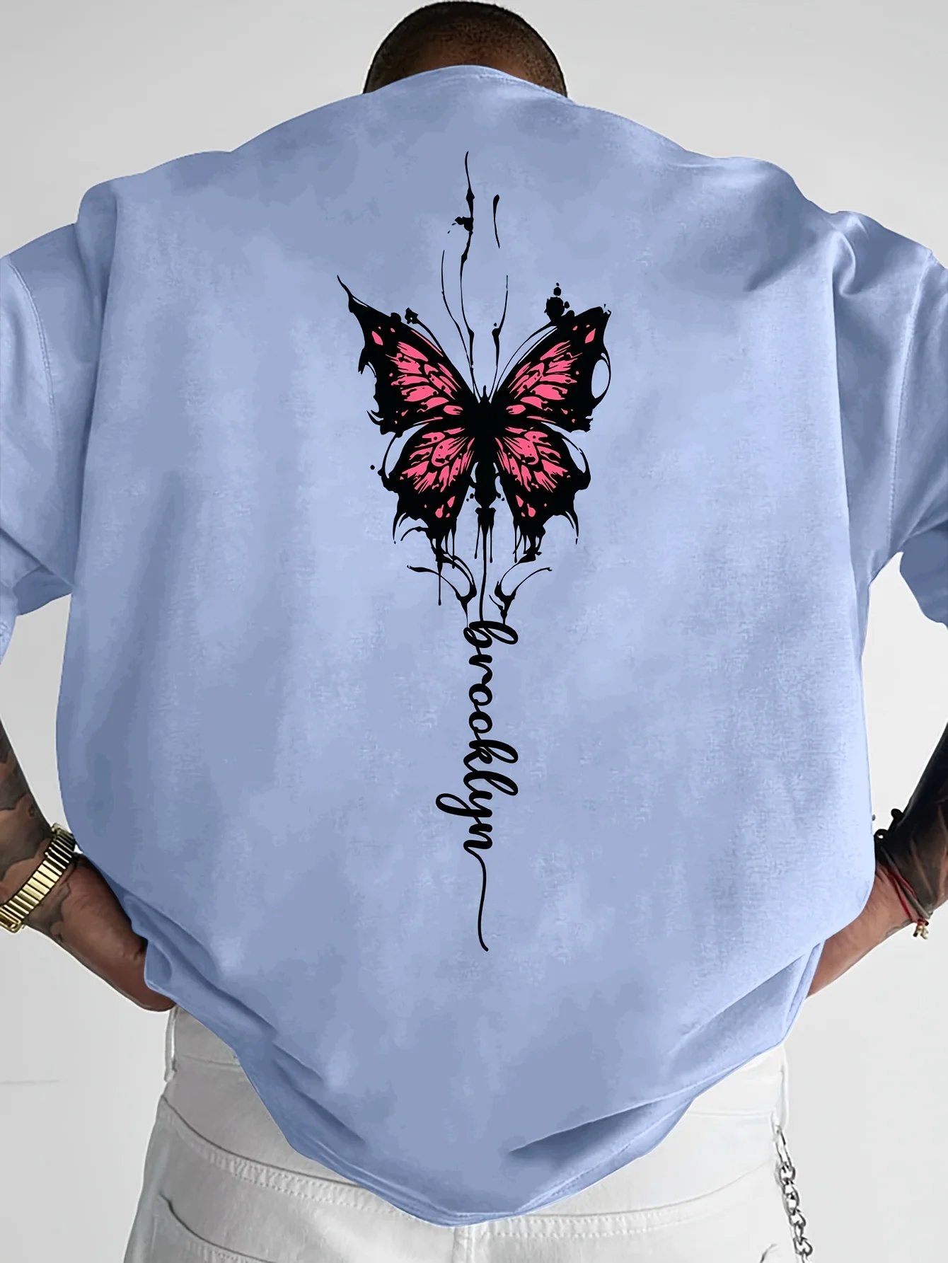 Gothic Pink Butterfly Brooklyn Tattoo Print on Premium 100% Cotton Mens T Shirt Perfect for Summer Streetwear