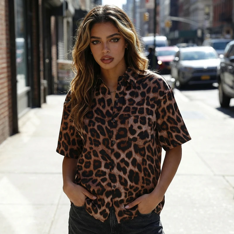 

Summer Leopard Print Shirt Men Women Streetwear Vintage Y2K Oversized Short Sleeve Button Down Casual Harajuku Hawaiian Tops