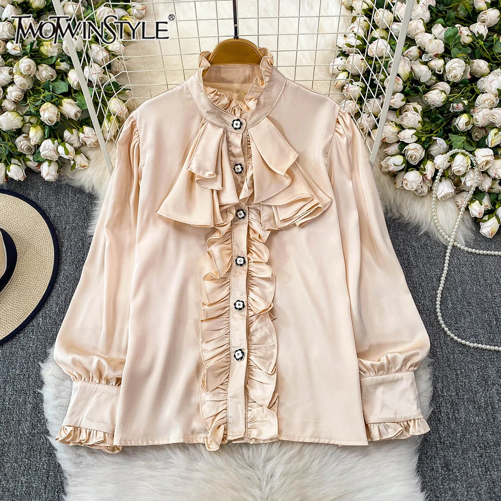 

TWOTWINSTYLE Vintage Solid Casual Slimming Blouses For Women Round Neck Long Sleeve Spliced Button Chic Shirts Female KBL544124