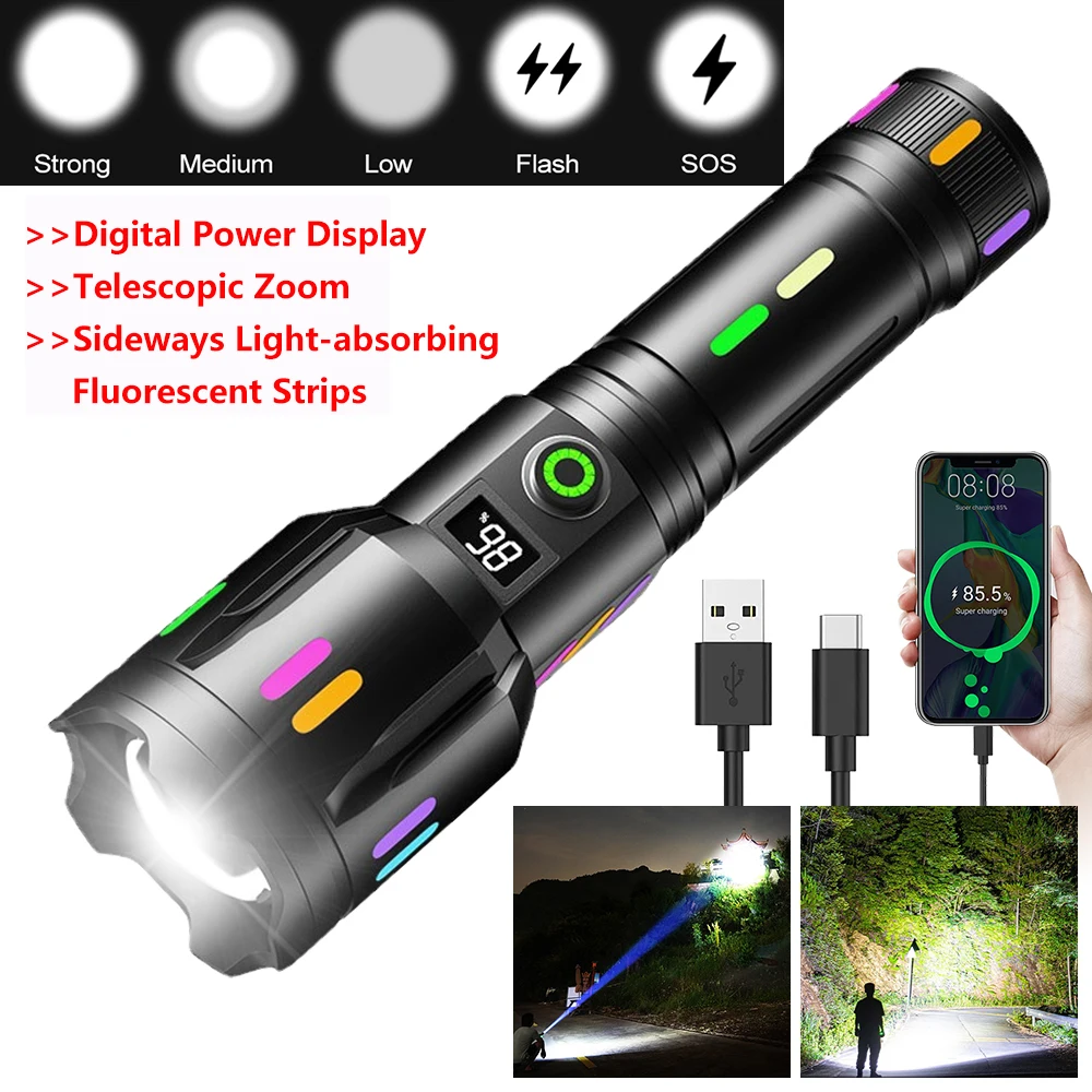 

High Power LED Wick Flashlight 5 Light Modes Torch USB Charging Outdoor Tactical Long Shot Camping Lantern Outdoor Lighting