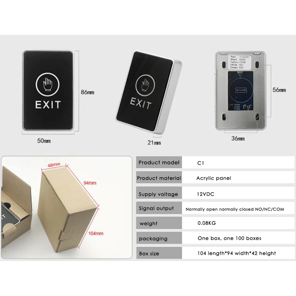 86*50mm Backlight Push Touch Exit Button Infrared Contactless Door Release Switch for access Control System With LED Indicator