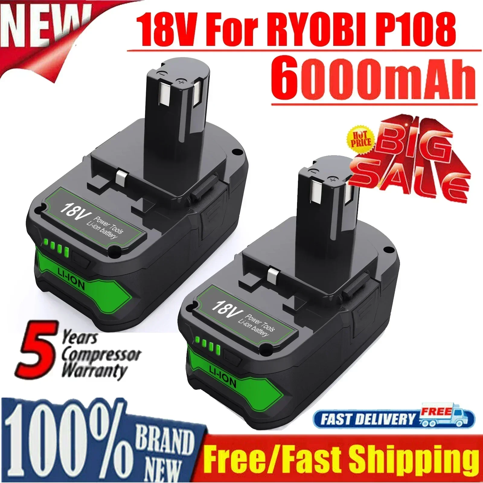 

18V 6000mAh Li-ion Rechargeable Battery for Ryobi ONE+ Cordless Power Tool BPL1820 P108 P109 P106 P105 P104 P103 RB18L50 RB18