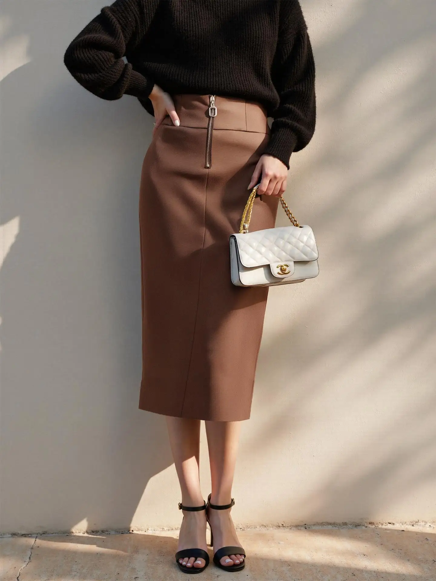 

YMDM Fall New Sle Women's Suit Skirt Coffee Color Commute High Waist Straight Tube Skirt Ele Busin Casual Midi Skirt