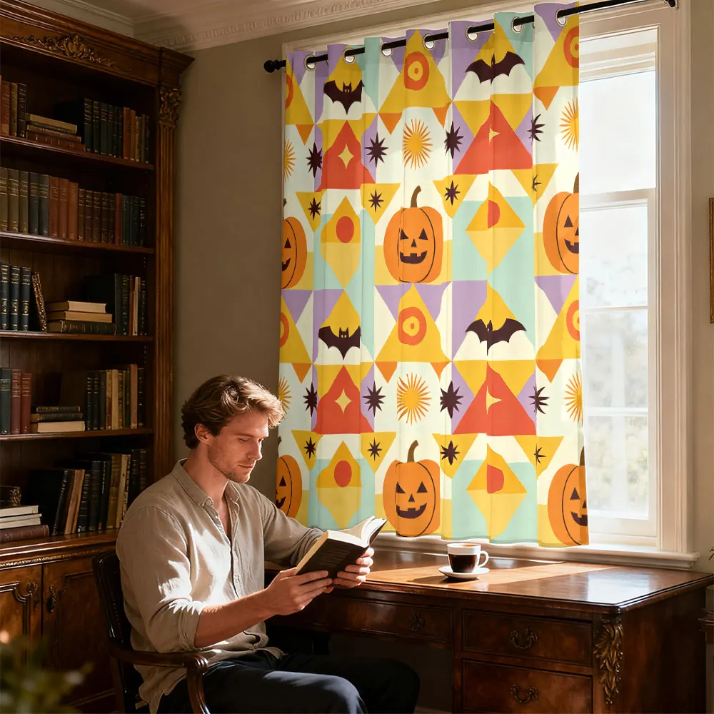 1pc Halloween pumpkin bat geometric print single-piece loop curtain single-piece loop curtain living room home decoration view 6