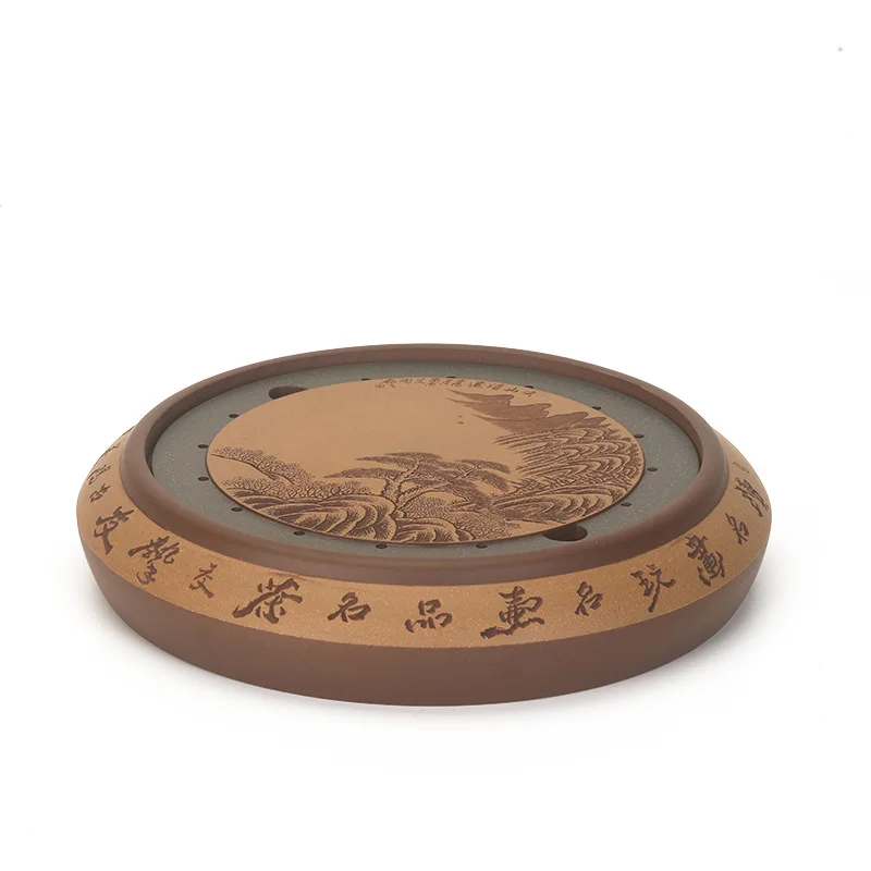 Purple sand tea tray, double-layer water storage round tea tray, tea sea large handmade tray