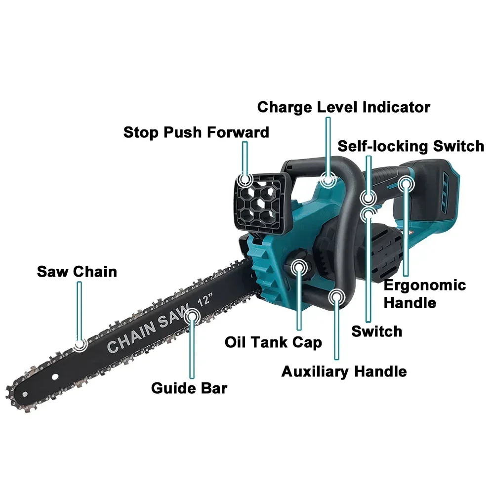 12 Inch Brushless Cordless Electric Saw Handheld Rechargeable Chainsaw Wood Cutting Garden Pruning Tool For Makita 18V Battery