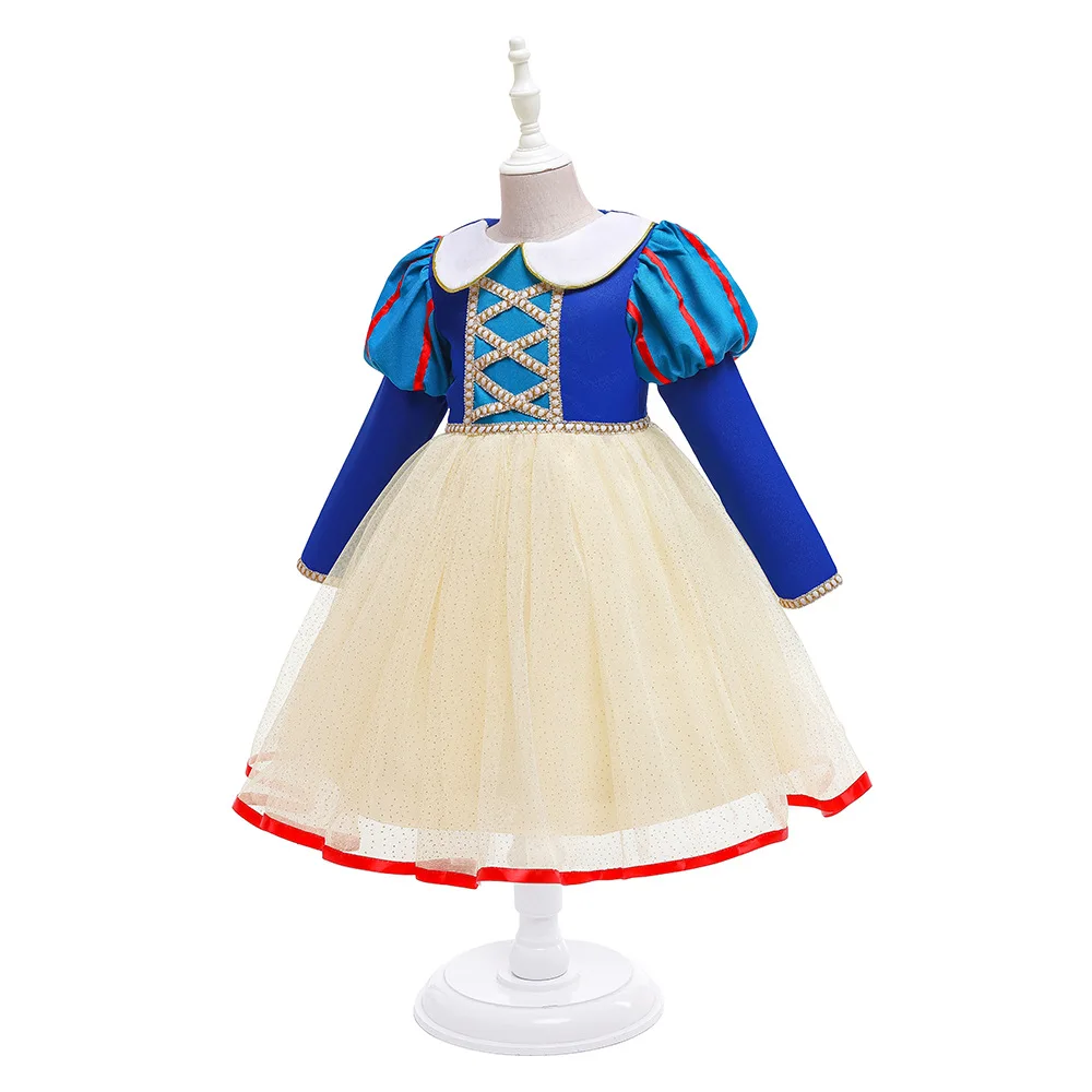 

ELBCOS 4-14T Kid Girls Snow White Puff Sleeve Peter Pan Collar Lace Costumes Evening Full Dress