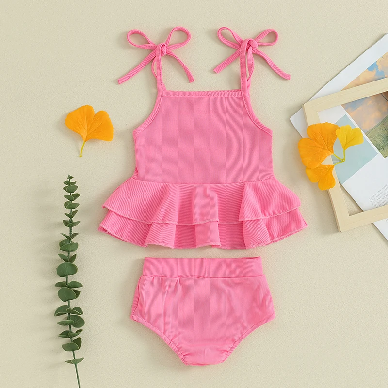 Toddler Baby Girls Swimsuit Solid Color Bikini 2 Pieces Bathing Suit Tie-Up Straps Tank Tops Shorts Summer Beach Outfits Set