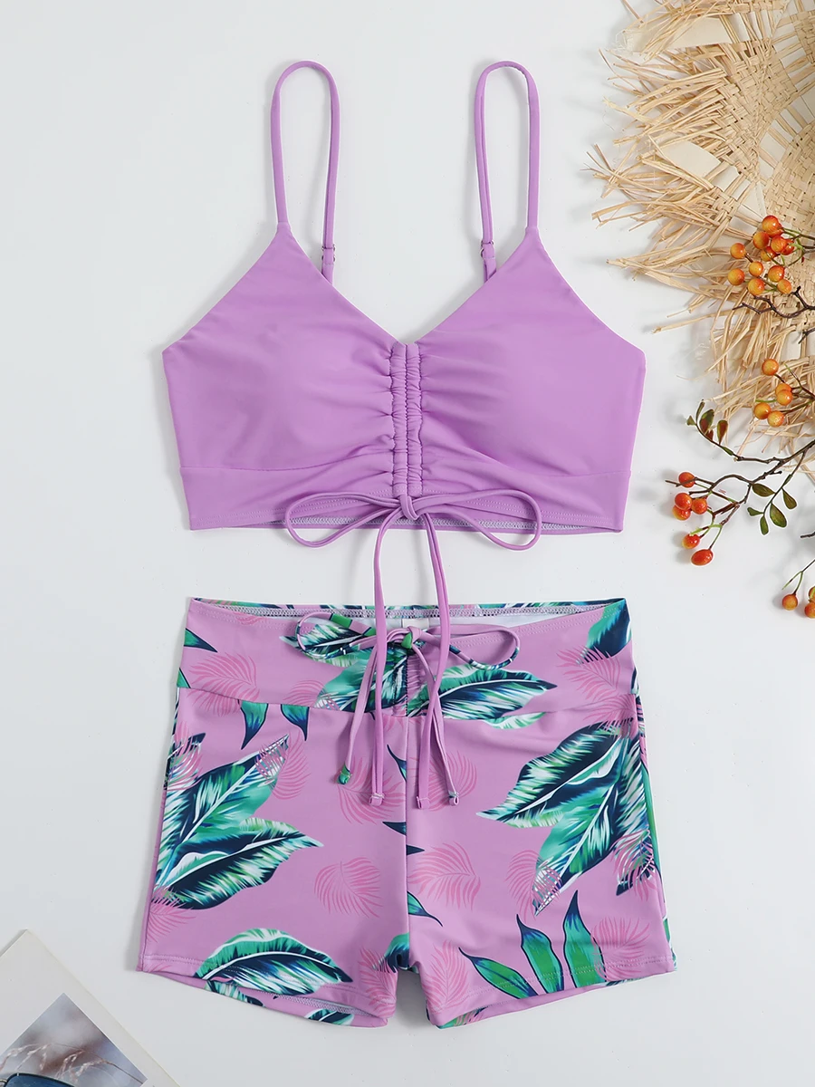 Bikini con cordón y estampado Tropical para mujer, bañador de cintura alta, pantalones cortos con lazo frontal, traje de baño para mujer 2024