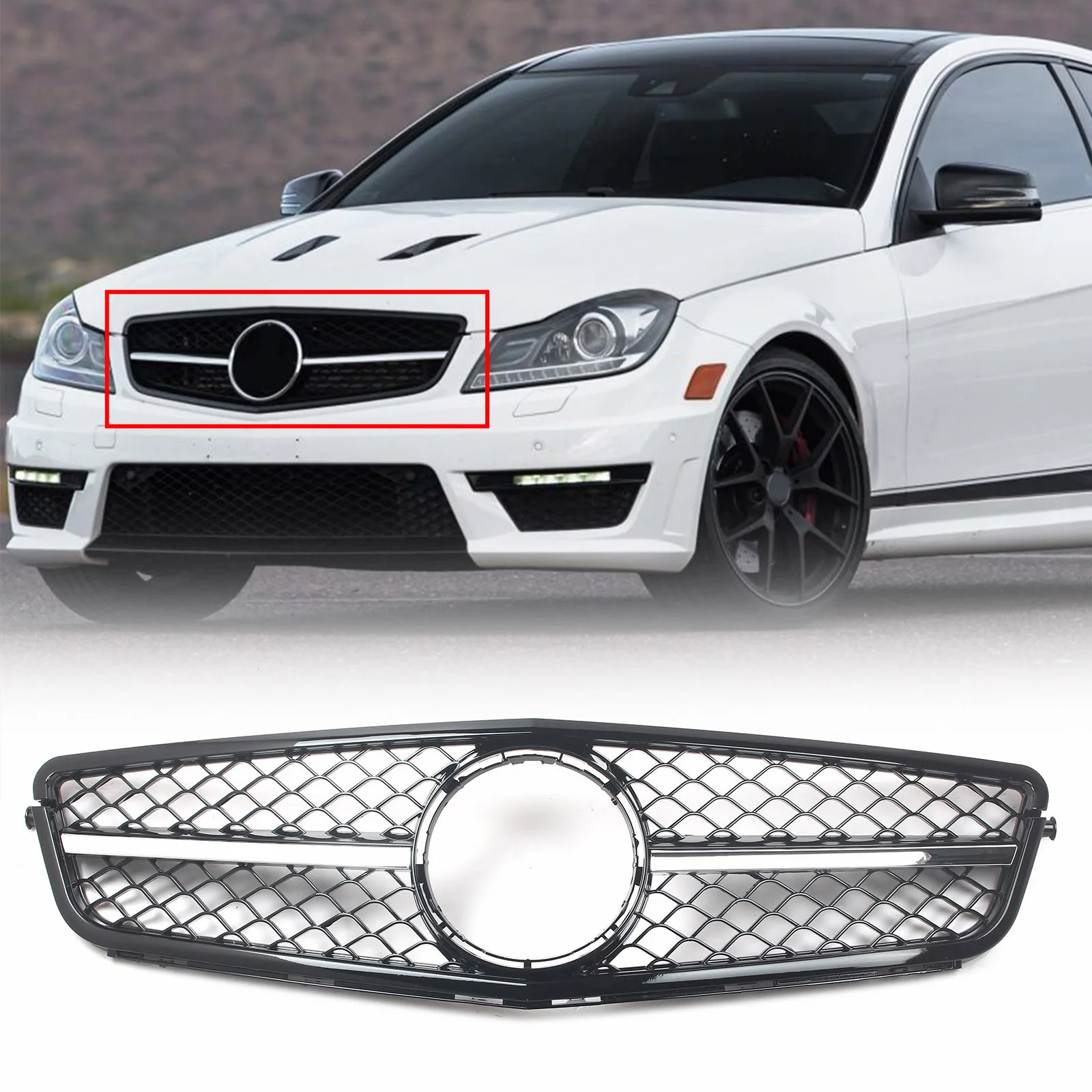 فضي أسود المصد الأمامي شواء الأوسط صافي بعد جزء السوق استبدال لمرسيدس بنز W204 C-Class 2007-2014 بدون شعار