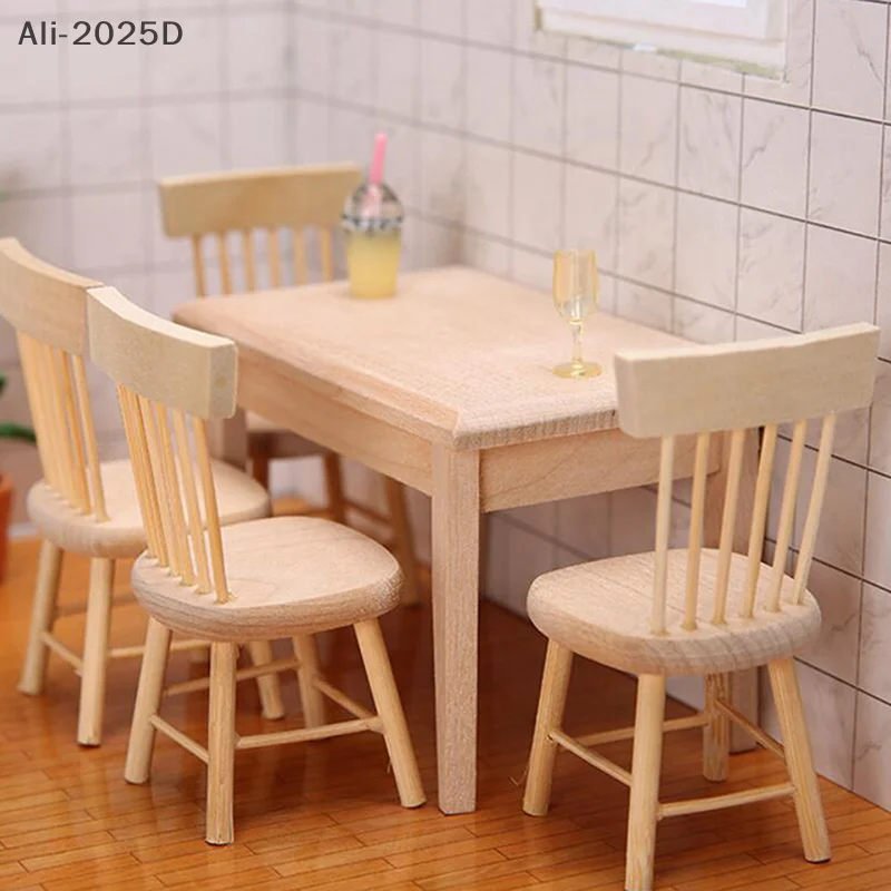 

1/12 Miniature Dollhouse Furniture Wooden Dining Table Chair Simulation Toy