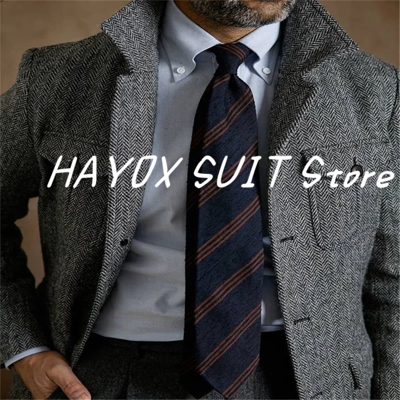 Tweed Men\'s Suit Jacket Vintage Single Breasted Business Formal Men Ensembles De Blazers For Wedding Costume Homme