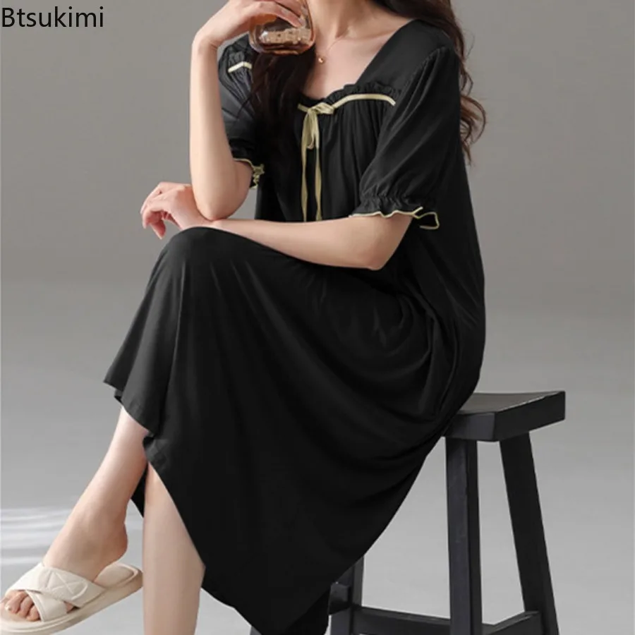 New 2025 Summer Modal Women's Pajama Dress Loose Short Sleeve Dot Ruffle Nightdress Sleepwear Home Wear Lace Up Nightgown Female