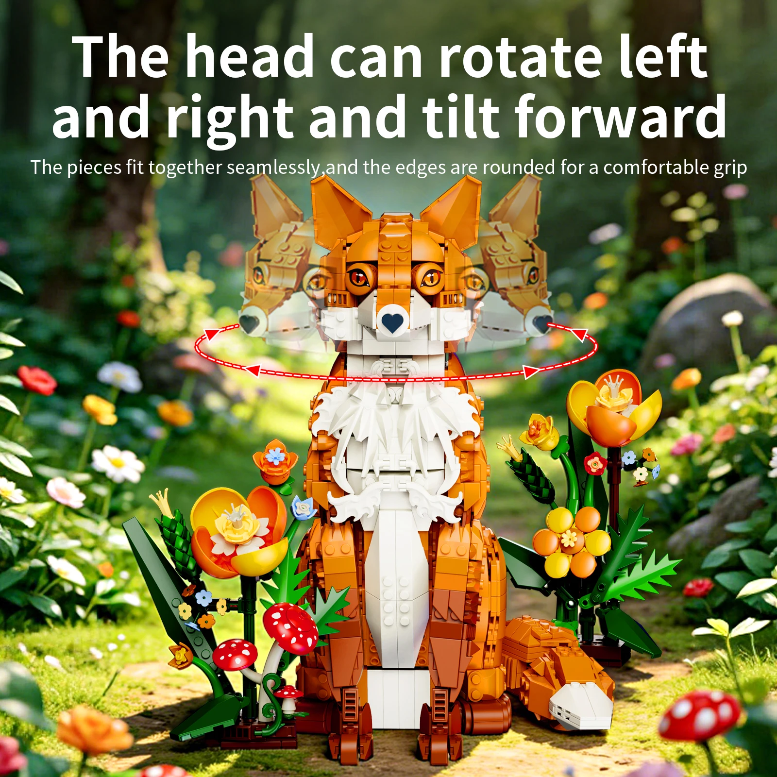 Forest Fox Building Blocks Set Large Sitting Fox Animal Brick Model with Flowers Mushroom Assemble Bricks Toy Gift For Adult view 5