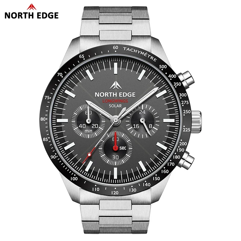 NORTH EDGE ONGWINGS Men Pilot Quartz Watch Solar Powered Stopwatch 50M Waterproof 316 Full Stainless Steel Luminous Wristwatch