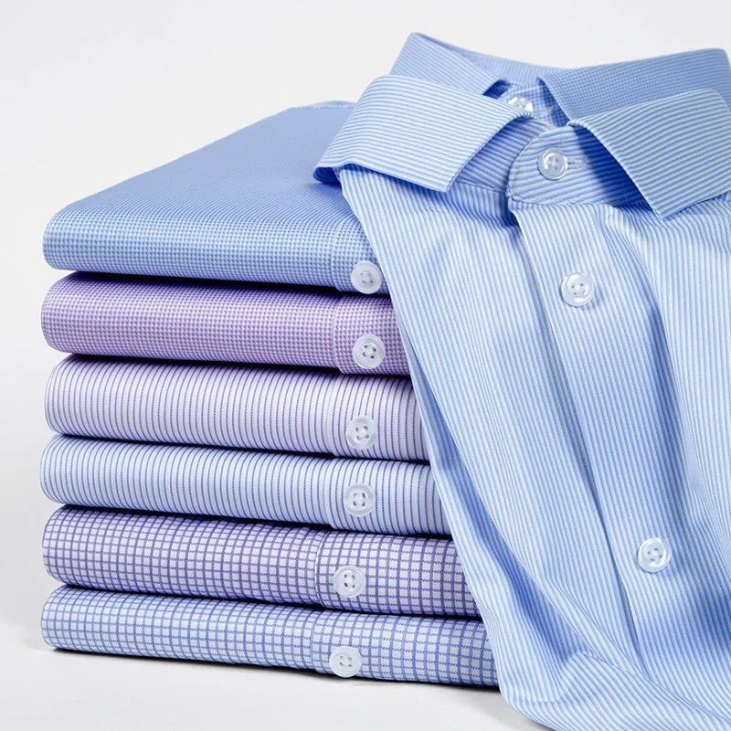 Hight quality elastic long sleeve shirts for men slim fit formal shirt plaid office clothes houndstooth easy-care business tops