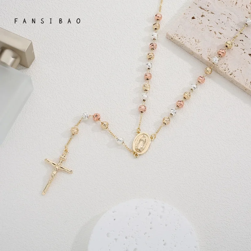 FanSibao Necklace Punk Women's Men's Fashion Three Color Watermelon Pattern Virgin Mary Pendant Cross Badge Religious Jewelry