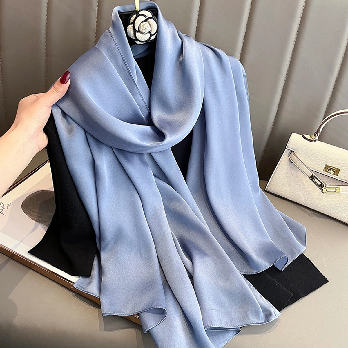 

90*180cm Fashion Luxury Solid Color Silk Scarf Women Soft Smooth Scarves Head Wrap Hijab Outdoors Muffler Long Shawl Beach Towel