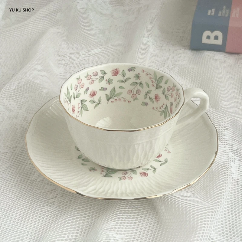 Bone China Embossed Flower Coffee Cup Saucer Retro Tea Cups Saucer Simple Elegant Teacup Dish Tazas De Cafe Coffee Mug Drinkware