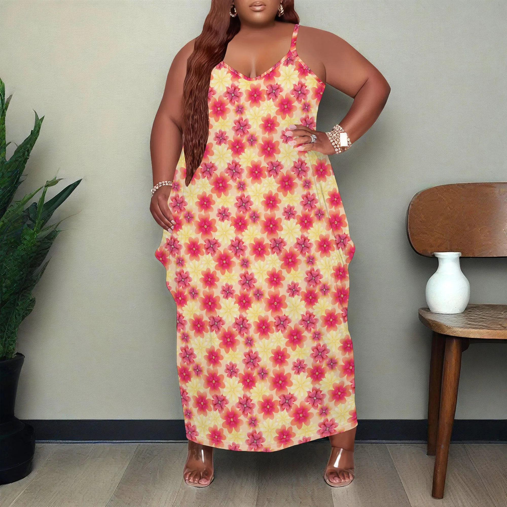 Women Plus Size Dress Floral Print Loose Halter Long Dress with Pocket Stretchy Relaxed XL-6XL