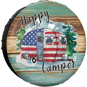 Happy Camper Spare Tire Cover Dust-Proof for Jeep Trailer RV SUV Truck Camper Travel Trailer Accessories 15 Inch